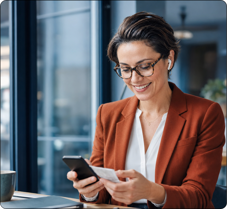 Photo of a woman in a blazer smiling while looking at her phone